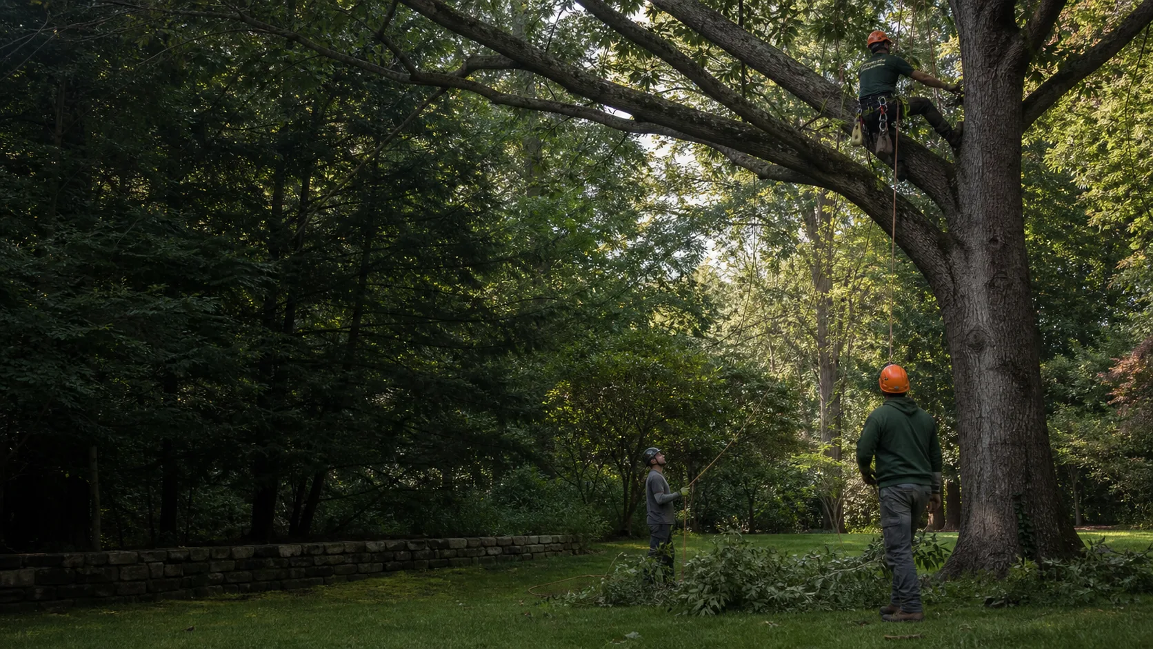 Arborist crew carefully pruning a mature tree on a wooded Westchester property