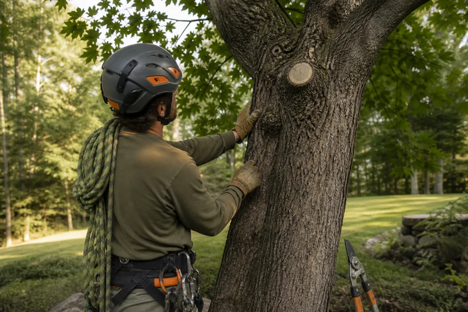Arborist inspecting the trunk and pruning points of a mature maple