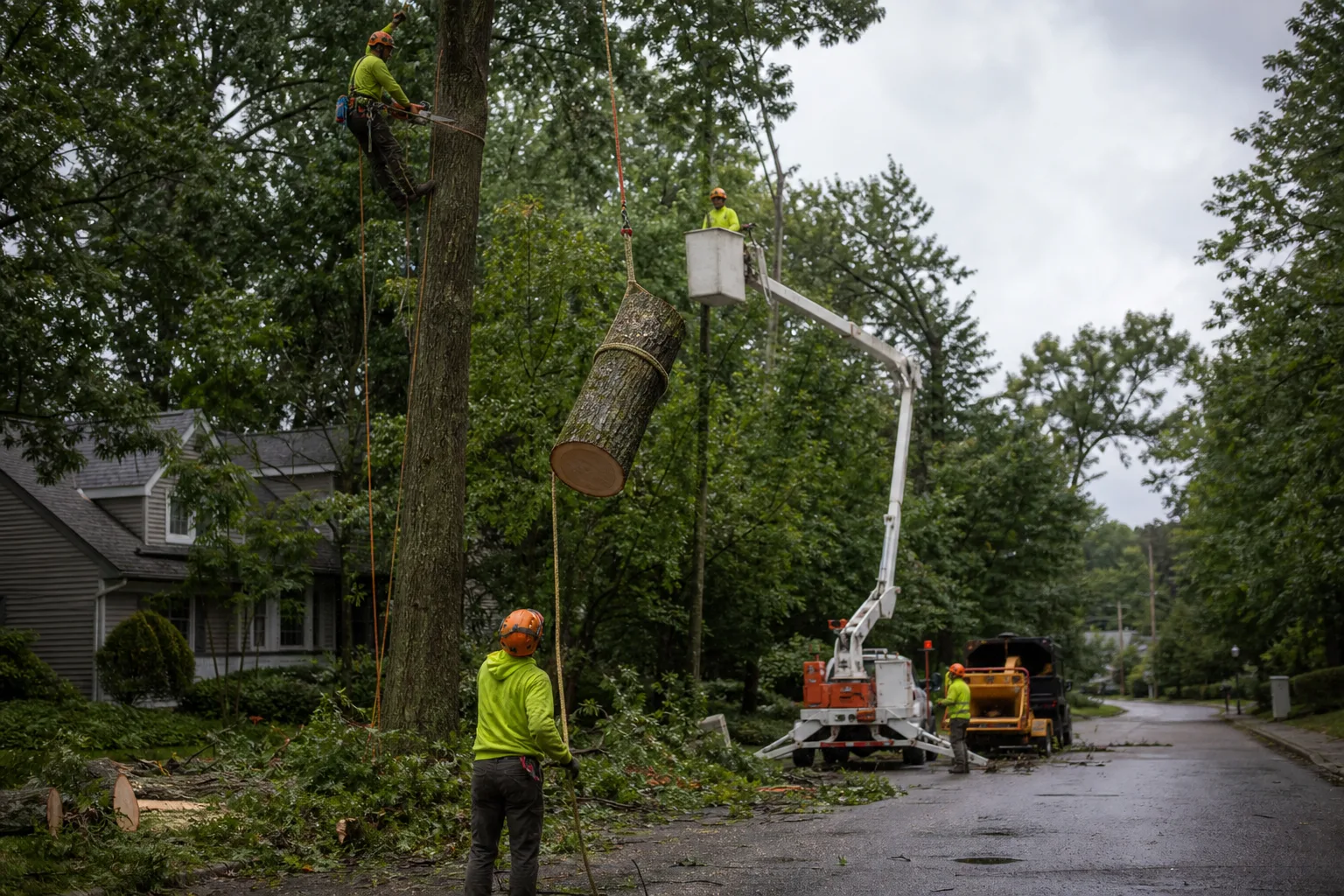 Professional crew lowering a rigged trunk section during a controlled tree removal